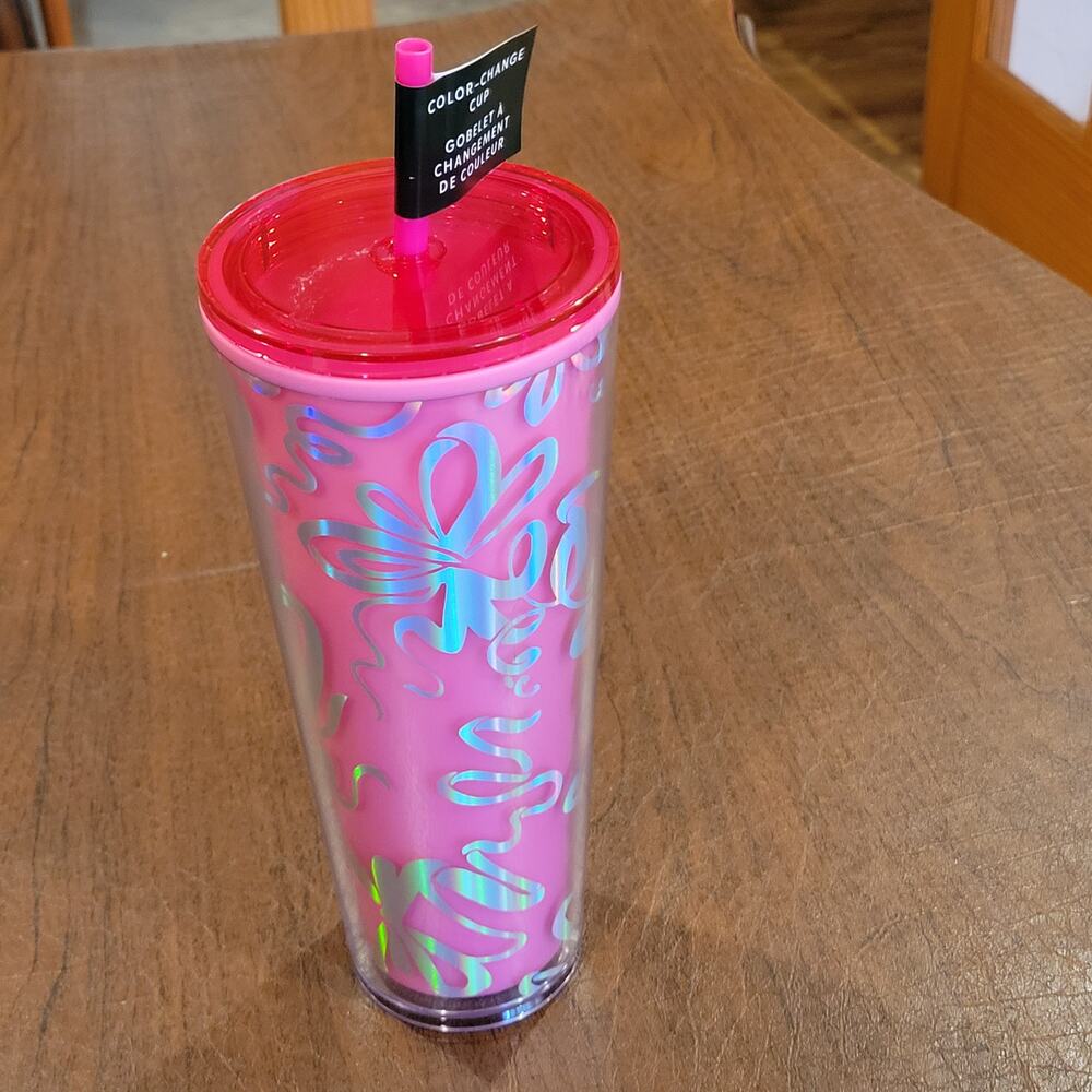 Starbucks 2023 Holiday Ribbon Pink & Silver Color Changing Tumbler Venti 24oz